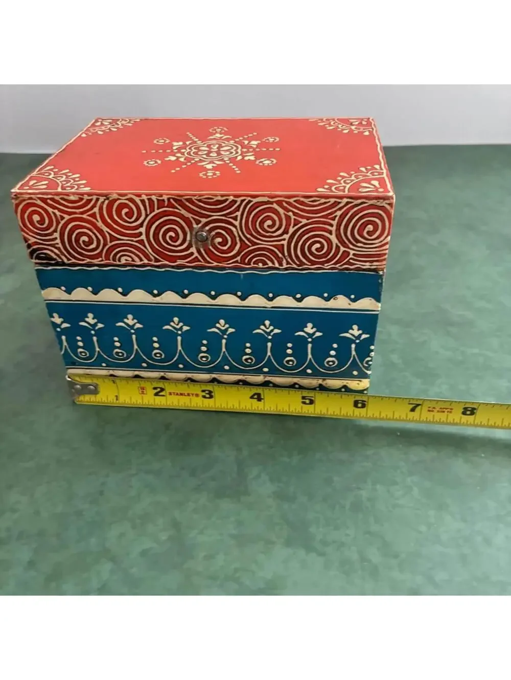 Hand Painted Indian Folk Art Wooden Trinket Box Jewelry Box Blue Red